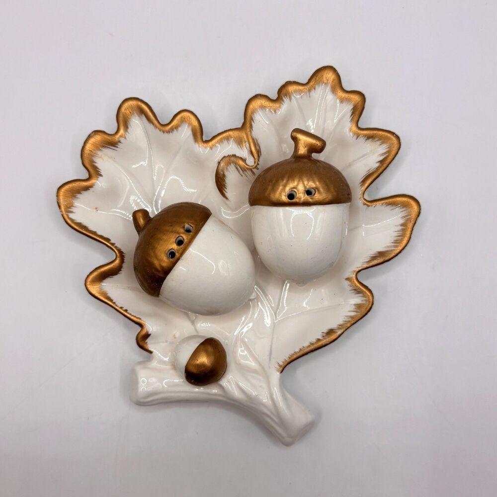 Oak Leaf Tray With Acorn Salt And Pepper Shakers Set Gold/Wht  Grasslands Road